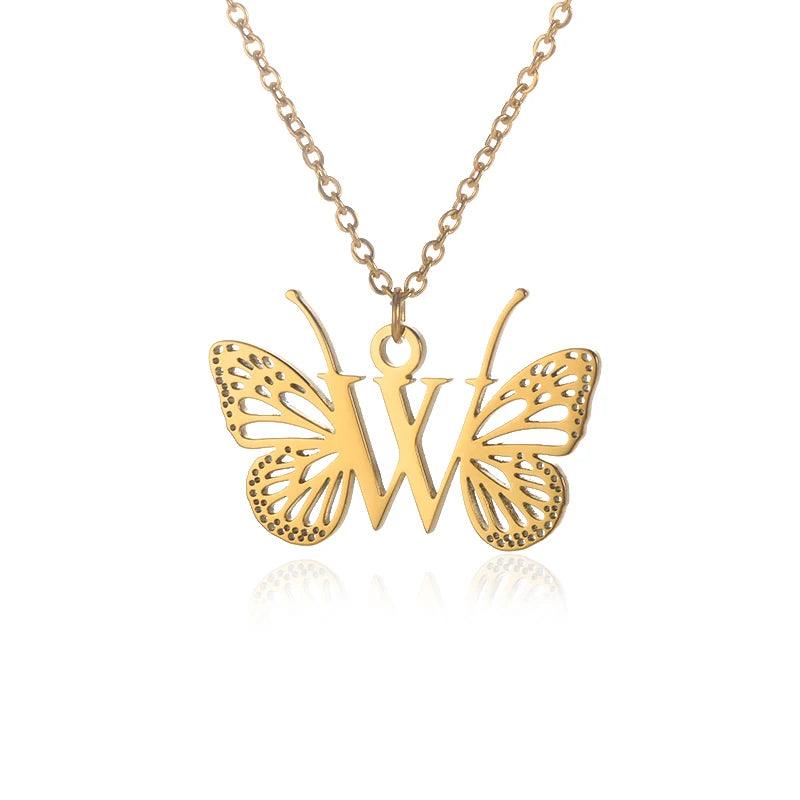 A-Z Initial Letter Collar Butterfly Necklace For Women Butterfly Jewelry Stainless Steel Alphabet Choker Necklace Female Gift