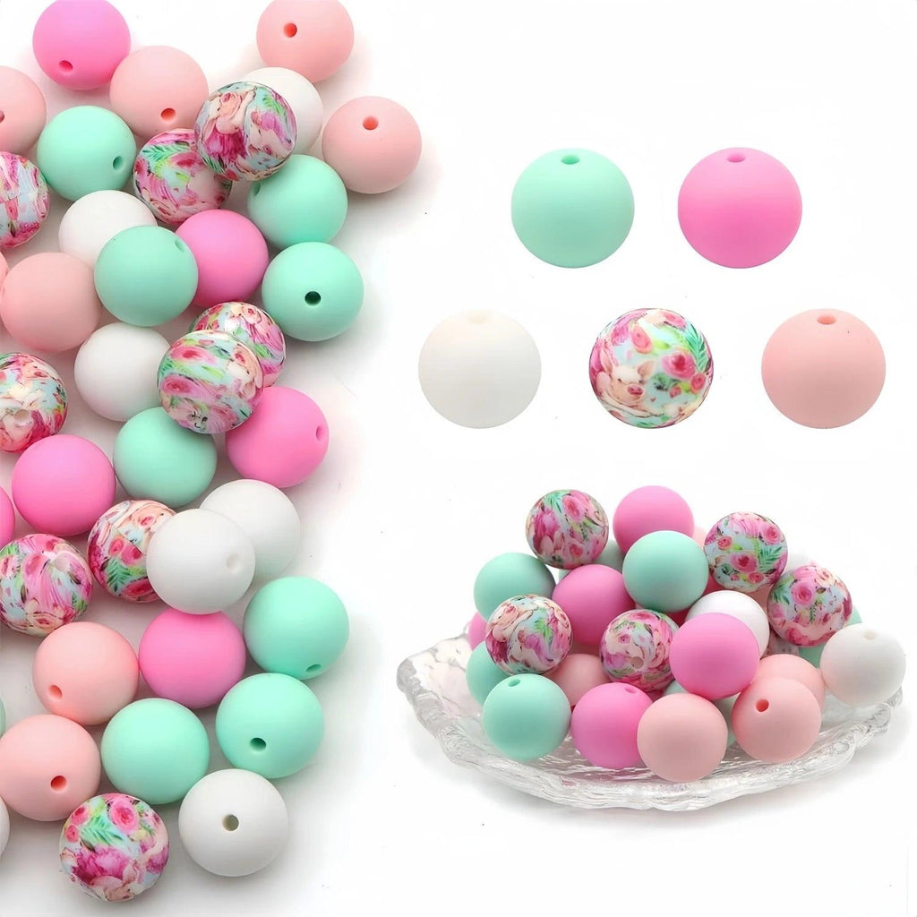 50pcs/set 15mm Silicone Solid&Print Mixed Focus Beads for Jewelry MakingDIY Handmade Bangle Necklace Plastic Pen String Key Bag Phone Chain Car Decoration Craft Supplies