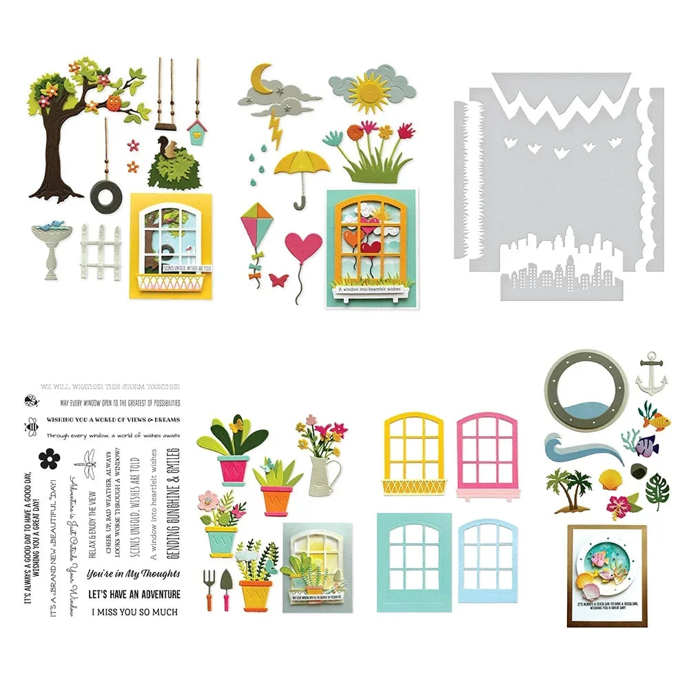 Metal Cutting Dies Window Fence Frame Potted Plant Tree Sun Moon Cloud Die for DIY Scrapbooking Album Decorative Paper Craft