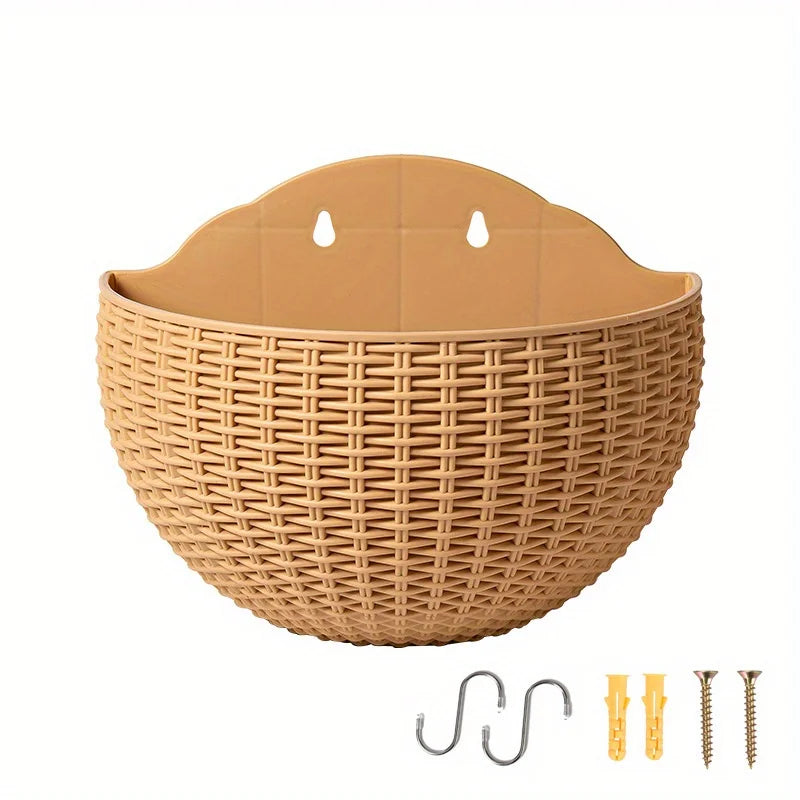 European Style Imitation Rattan Wall Hanging Half Round Flowerpot Planter Semicircular Wall Flower Pot Balcony Household Outdoor