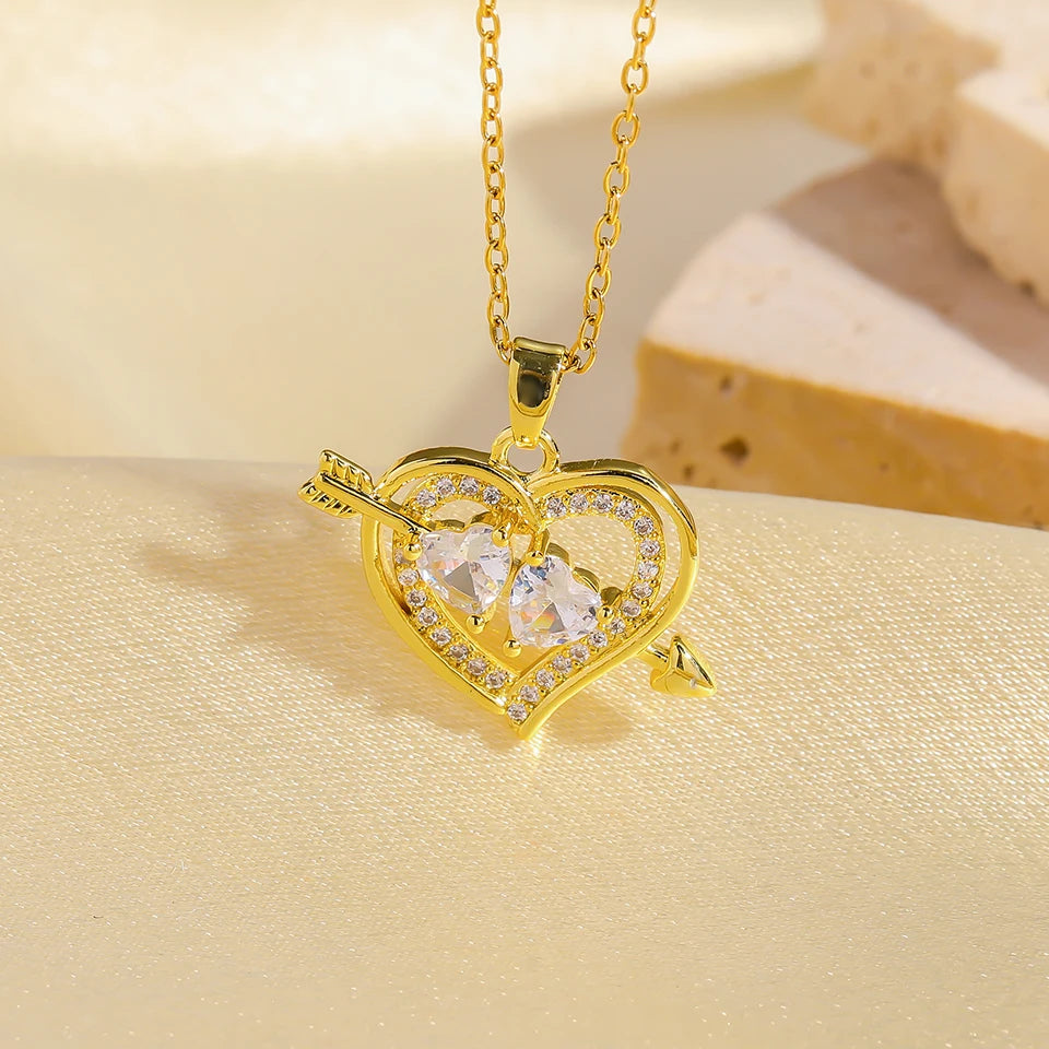 ZAKOL Trendy Heart Butterfly Pendant Necklaces For Women Girls Gold Color Crystal Jewelry Clavicle Chain Choker Jewelry Gifts