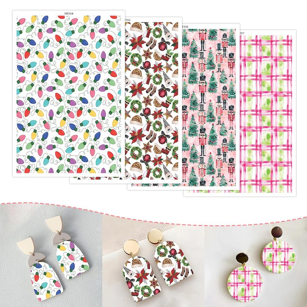 Christmas Tree Wreath Bulb Ornament Polymer Clay Transfer Paper Gird Background Stickers for DIY Earrings Printing Paper 2024