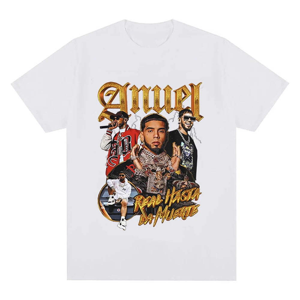 Rapper Anuel AA Retro Graphic T Shirt Real Hasta La Muerte 100 Percent Cotton Hip Hop Oversized Tee for Men