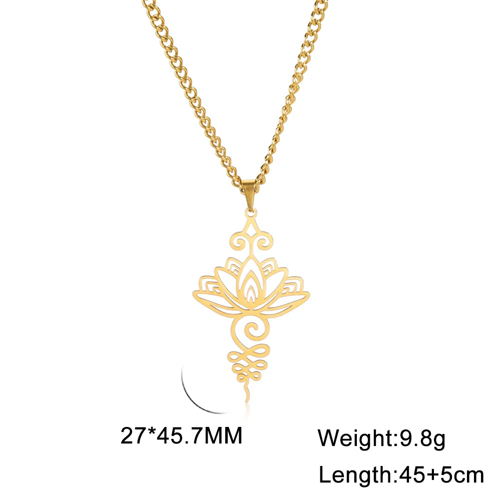 Skyrim Unalome Lotus Flower Pendant Necklace Stainless Steel Gold Color Chain for Women Yoga Buddhism Spiritual Jewelry Gift