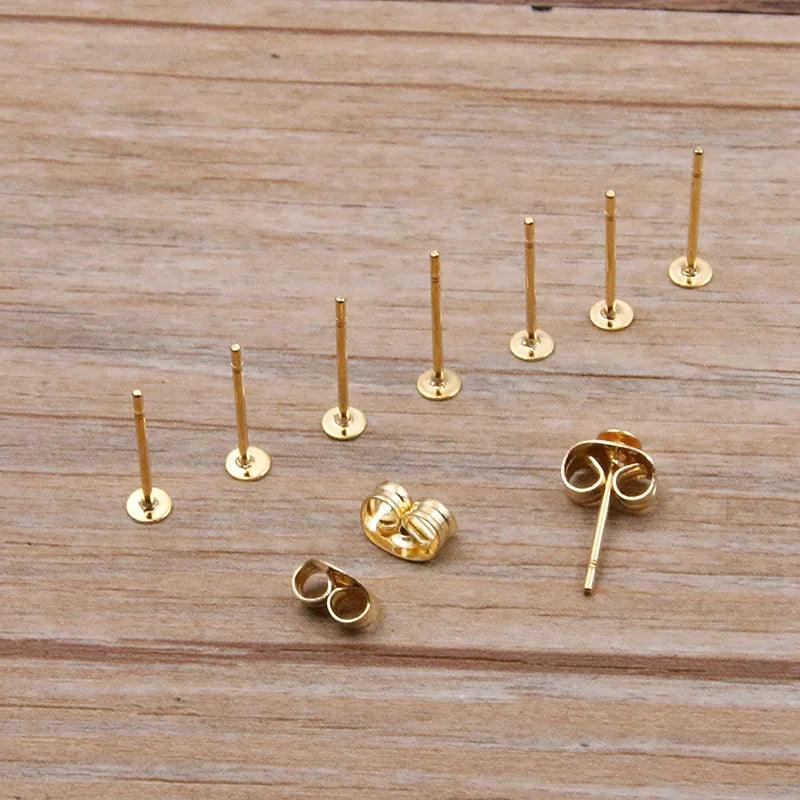 50-100pcs 2 Color Stainless Steel Earring Studs Blank Post Base Pins With Plug Findings Ear Back For DIY Jewelry Making