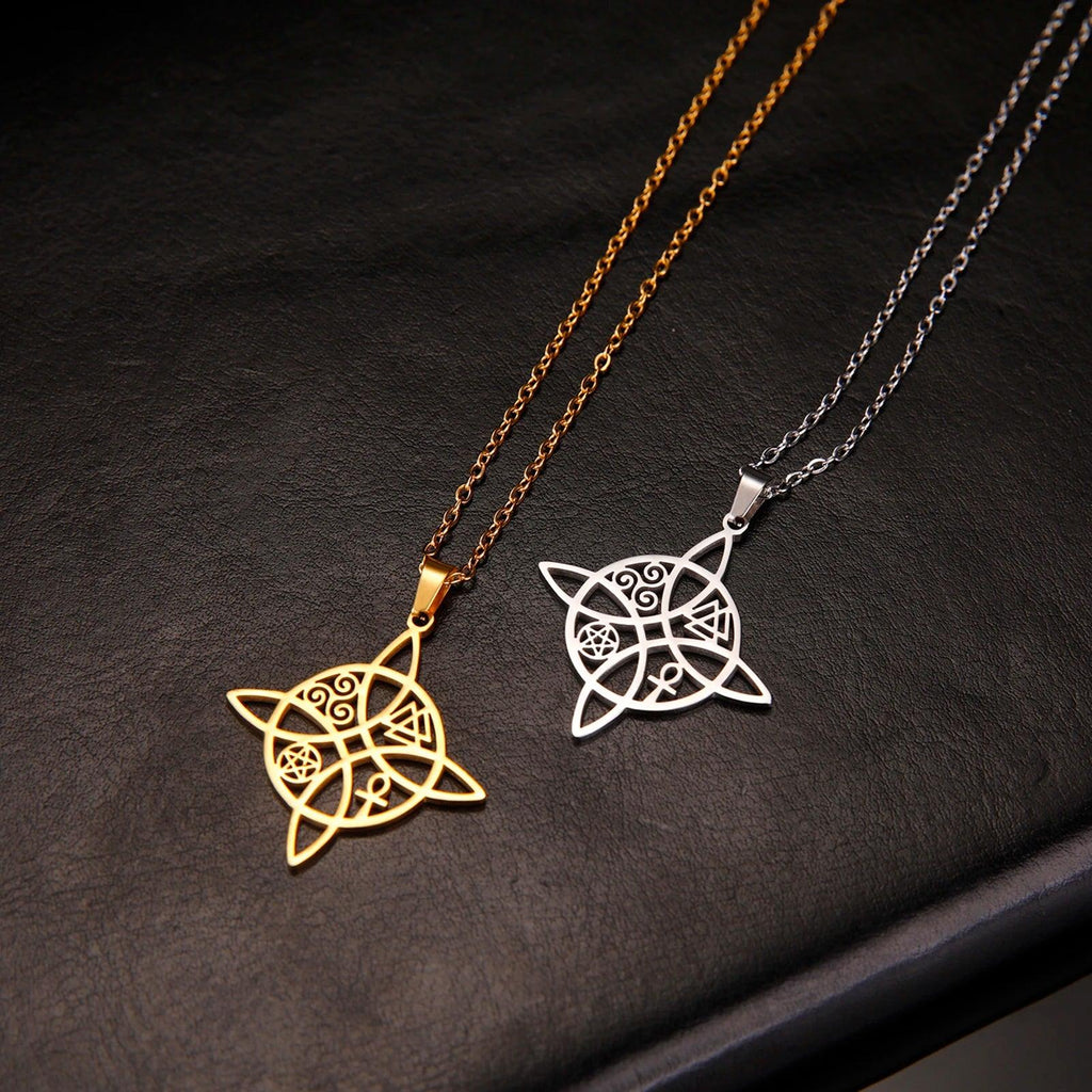 Skyrim Witchcraft Witch Knot Necklace Women Stainless Steel Neck Chains Valknut Triskelion Ankh Cross Pentacle Amulet Jewelry