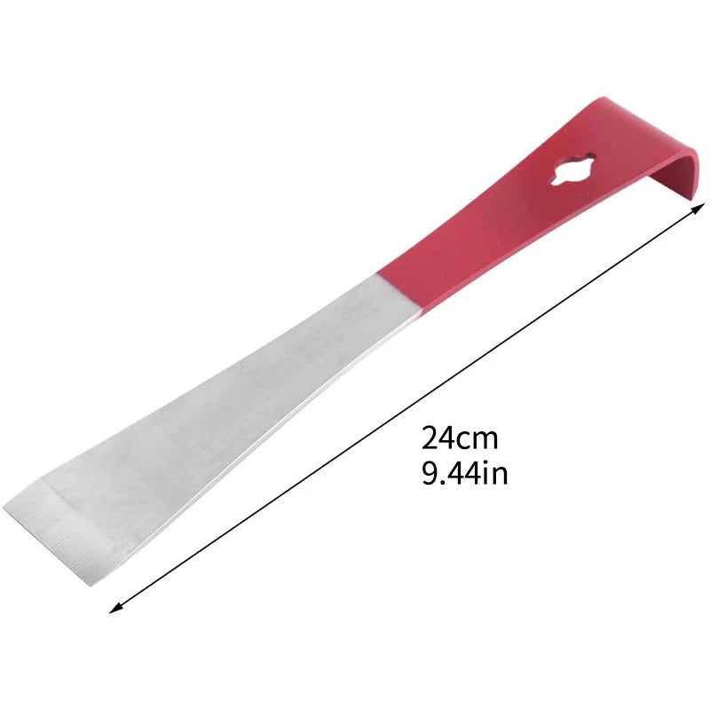 Stainless steel flat blade with a scraper for cutting honey, a three purpose knife for cleaning surfaces, a flat blade for expor