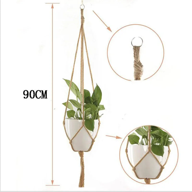 Handmade Macrame Hemp Rope Plant Hanger Basket Woven Hanging Flower Pot Wall Hang Planter Pot For Garden And Wood Ceiling Hooks