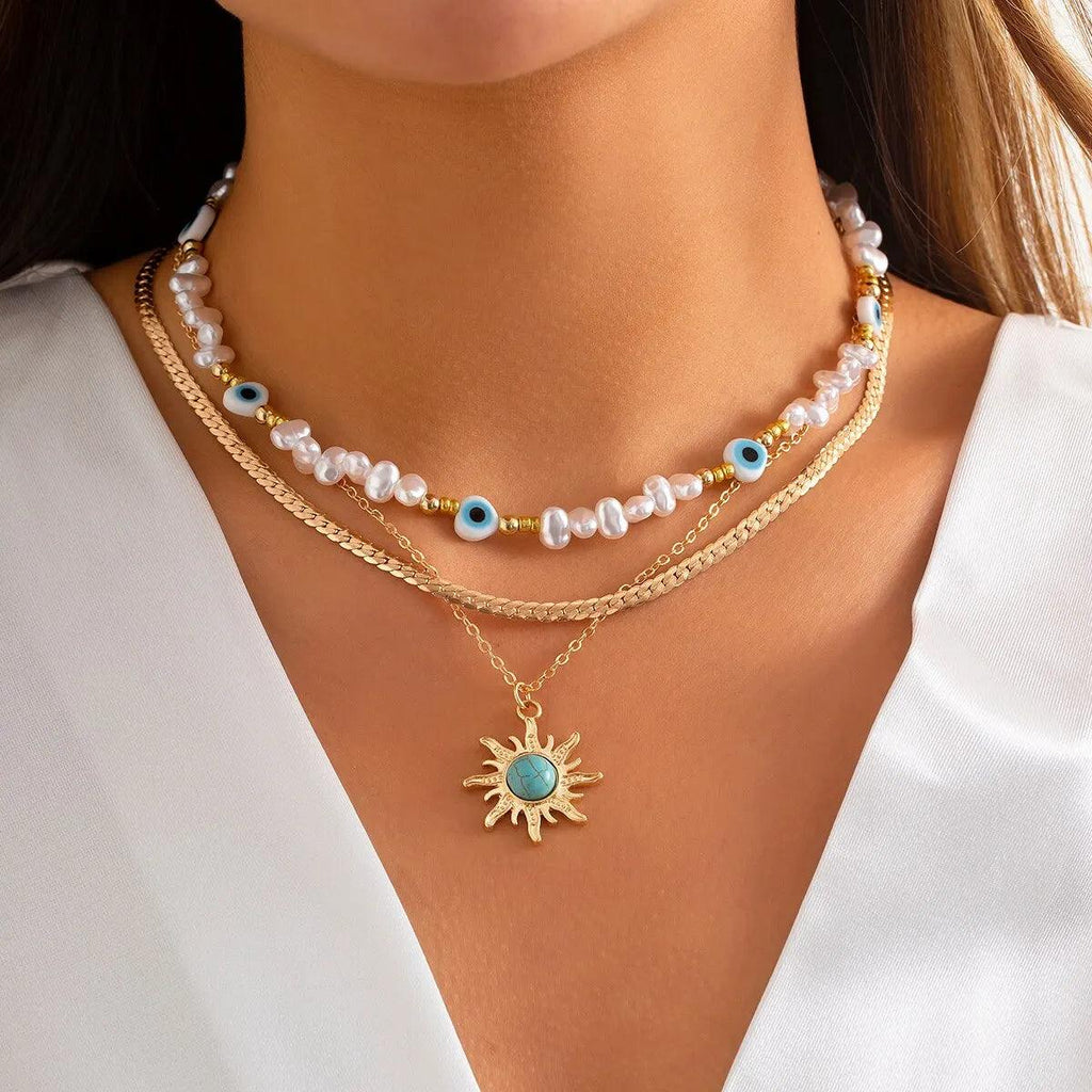 3pcs/set Ethnic Sunflower Green Stone Pendant Necklace Women Vintage Imitation-Pearl Devil's Eye Beaded Collar Necklace