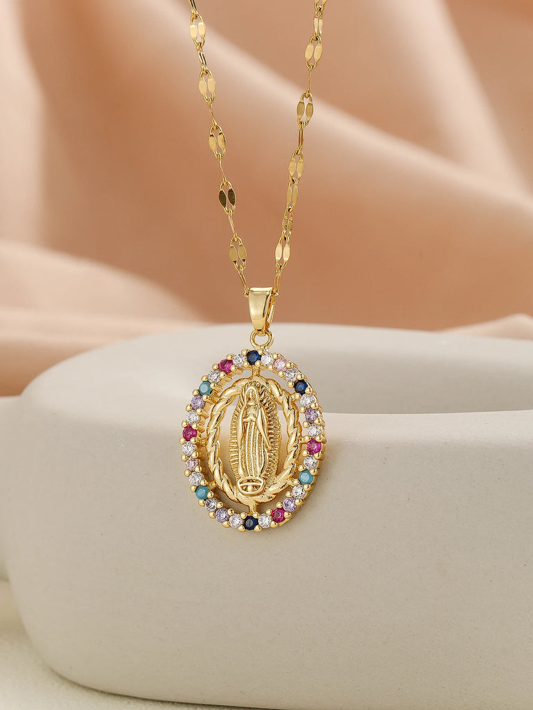 European and American fashion minimalist men and women's micro inlaid zirconium Virgin Mary hollowed out circular necklace