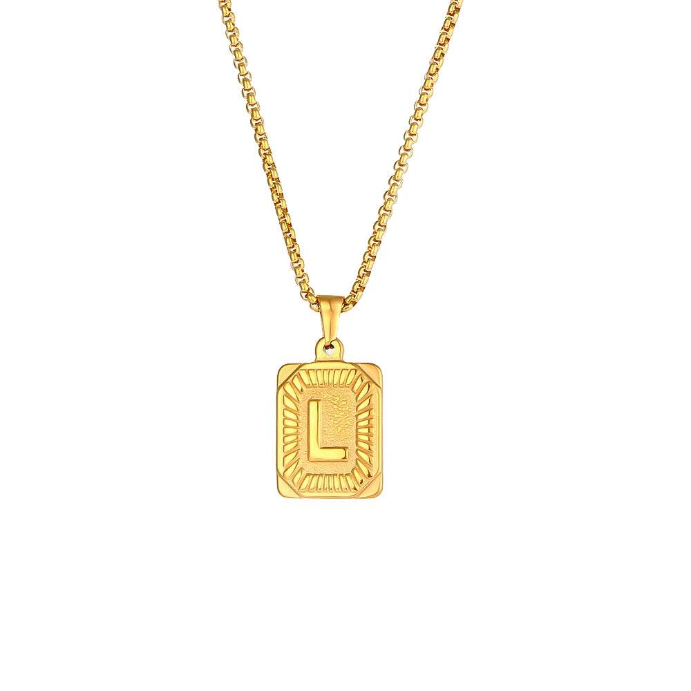 2023 New Stylish Square Pendant Necklace Men's Stainless Steel Gold Plated Letter Necklace Initial Necklace For Women