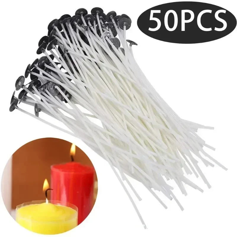 50pcs Smokeless Candle Wicks 8-20cm Pre-Waxed Cotton Core Wicks with Metal Sustainer Tabs DIY Handmade Candle Making Tools