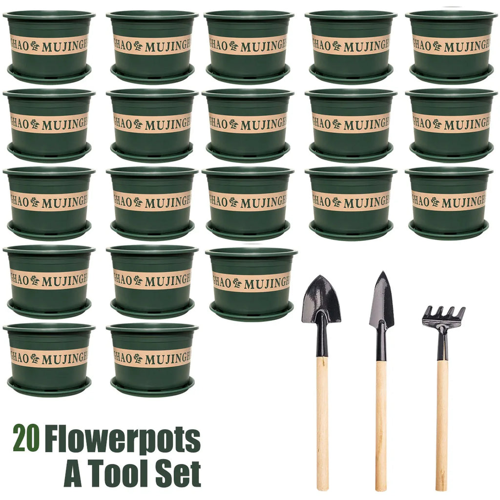 10/20 Pcs Plastic Plant Pots with Drainage Holes and Trays 3 Free Soil Changing Shovel Accessories Green Plastic Seedling Pots