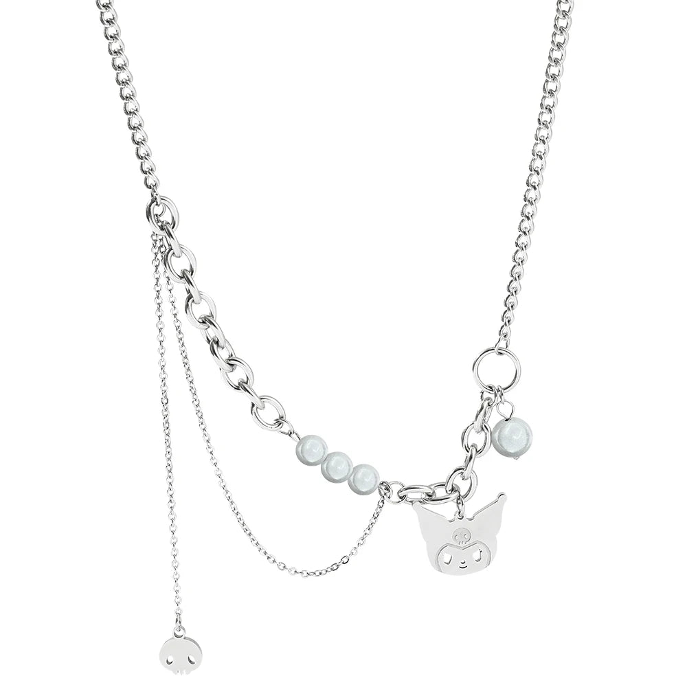 New Punk Cartoon Titanium Steel Reflective Pearl Cat Pendant Necklace Thick Chain For Woman Personalized Jewelry Birthday
