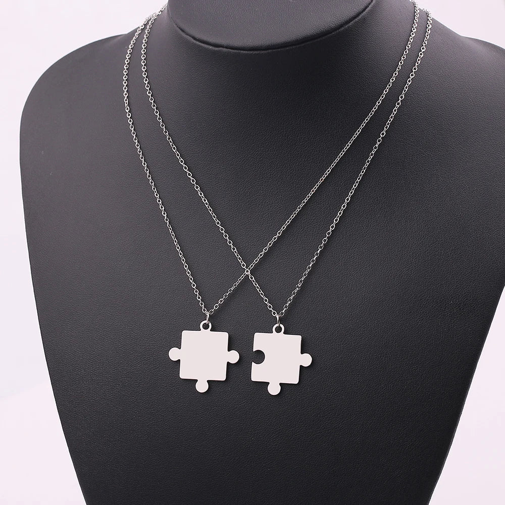 2pcs Men Women Couple Puzzle Pendant Necklace Stainless Steel Link Chain 3 Colors Necklaces Set Jewelry For Lovers