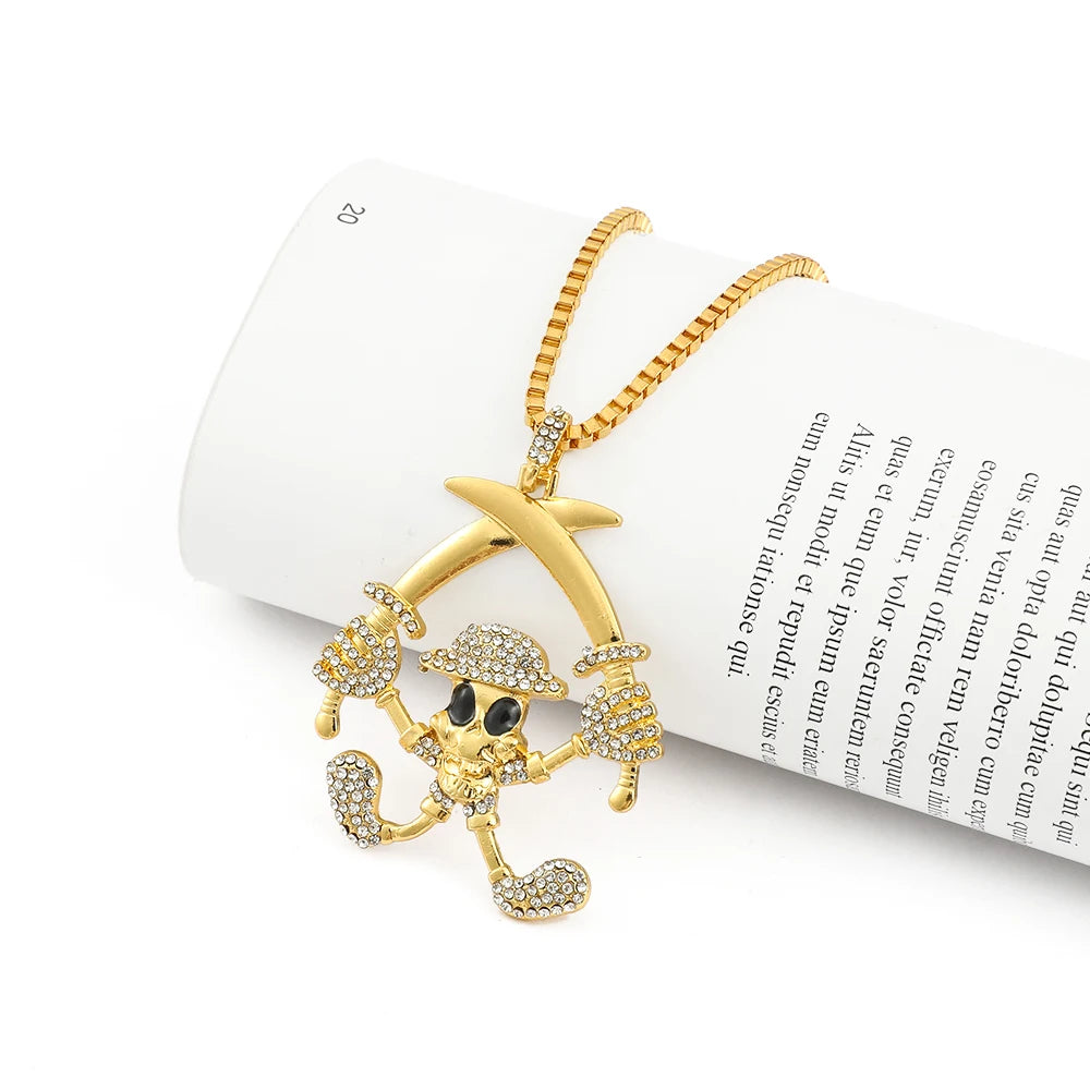 Hip Hop Iced Out Sea Anchor Pirate Skull Pendant Necklace For Women Men Long Chain Creative Party Jewelry Accessories Gift