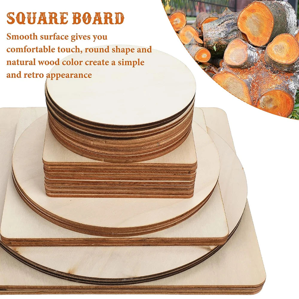 60Pcs Wooden Board Sheet Square Round Model DIY Woodwork Toy 5-15MM Dia Supplies