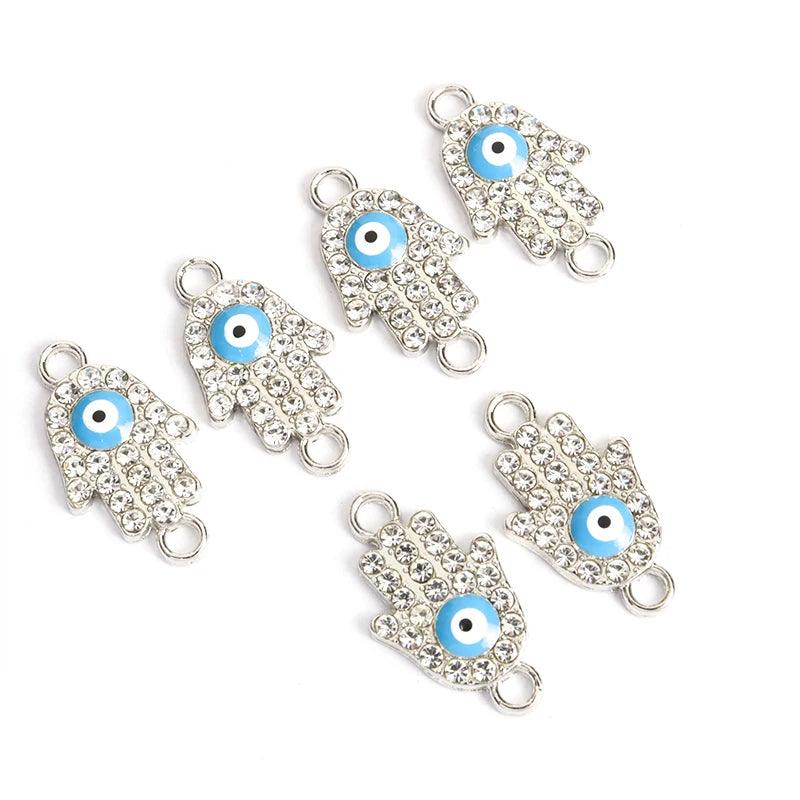 10pcs Rhinestones lnlaid Hamsa Hand Evil Eye Design Enamel Connectors Turkish Style Double Hanging Pendant For DIY Lucky Jewelry