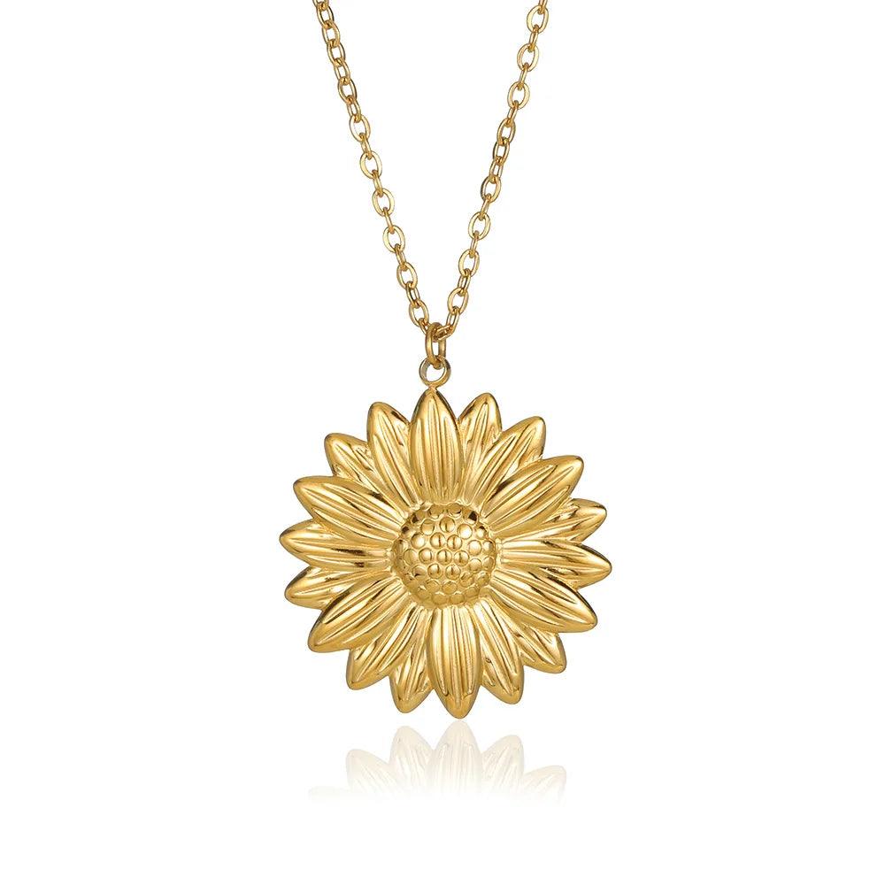 Stainless Steel Sunflower Butterfly Heart Pendant Necklace For Women Compass Embossed Plated Coin Necklace Party Jewelry Gift