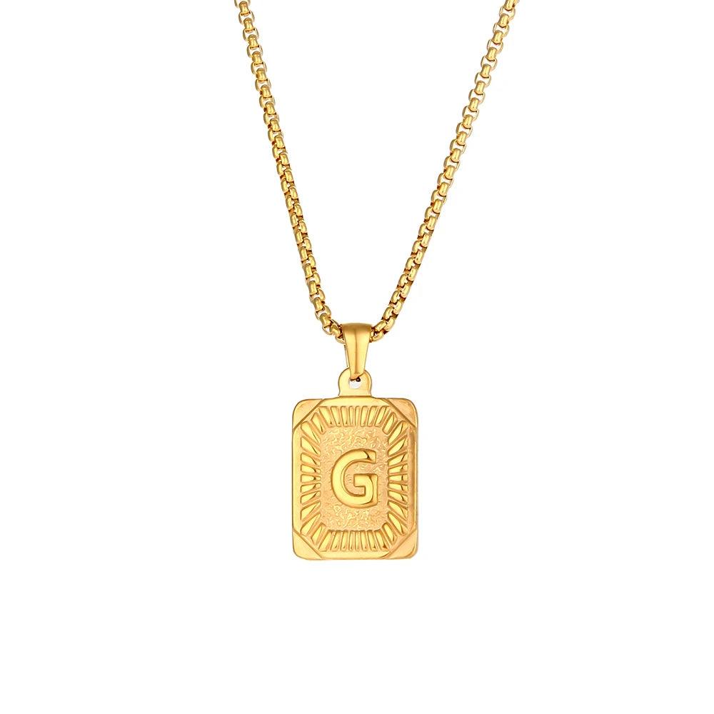 2023 New Stylish Square Pendant Necklace Men's Stainless Steel Gold Plated Letter Necklace Initial Necklace For Women