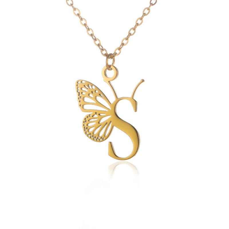 A-Z Initial Letter Collar Butterfly Necklace For Women Butterfly Jewelry Stainless Steel Alphabet Choker Necklace Female Gift