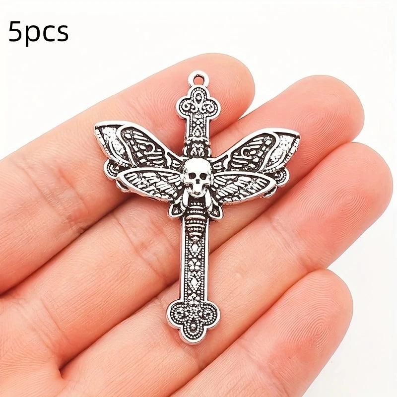 5PCS Dark Punk Gothic Cross Moth Pendant, DIY Alloy Jewelry Accessories