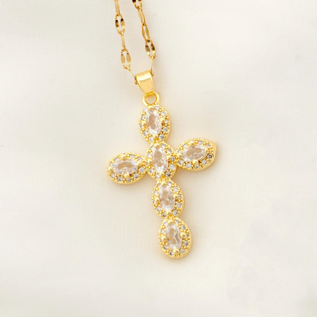 1 pearl shell inlaid zircon cross pendant for women's sexy style stainless steel plated 18k gold necklace
