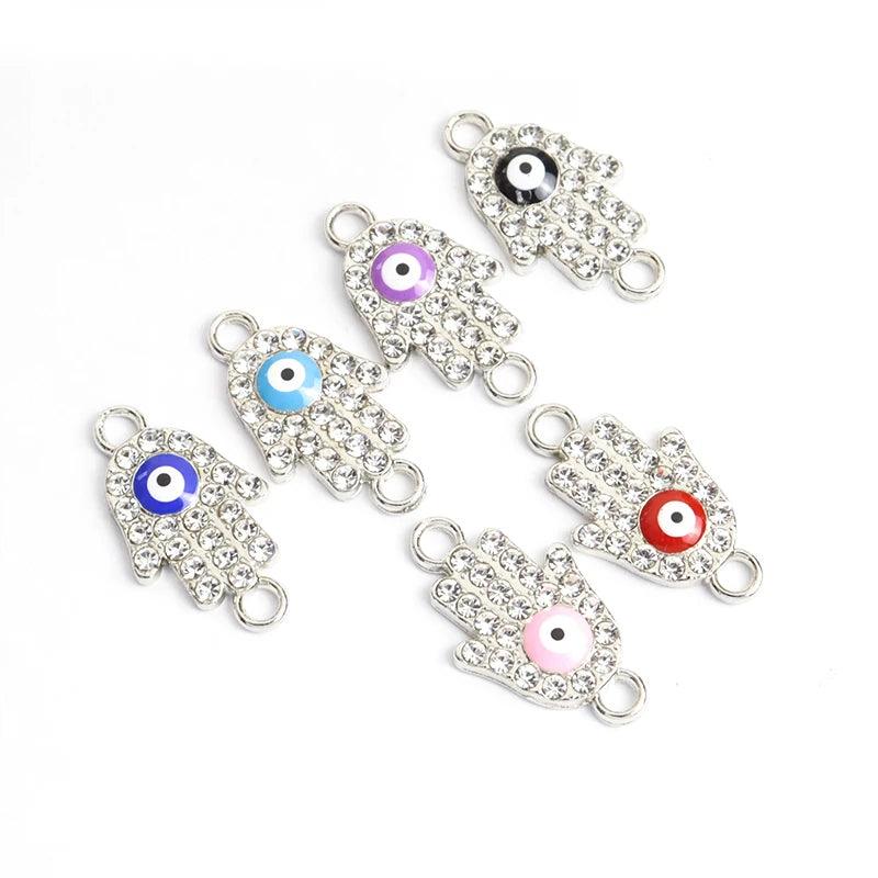 10pcs Rhinestones lnlaid Hamsa Hand Evil Eye Design Enamel Connectors Turkish Style Double Hanging Pendant For DIY Lucky Jewelry