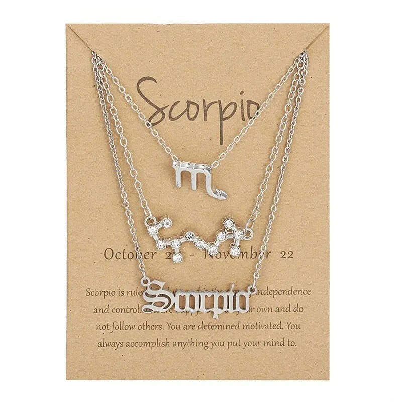 3Pcs 12 Zodiac Sign Necklace Set For Women Constellation Pendant Gold Silver Color Chain Female Birthday Jewelry With Cardboard