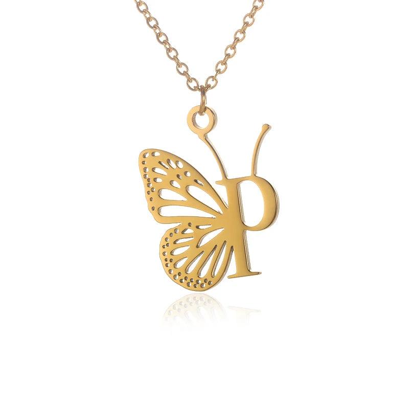 A-Z Initial Letter Collar Butterfly Necklace For Women Butterfly Jewelry Stainless Steel Alphabet Choker Necklace Female Gift
