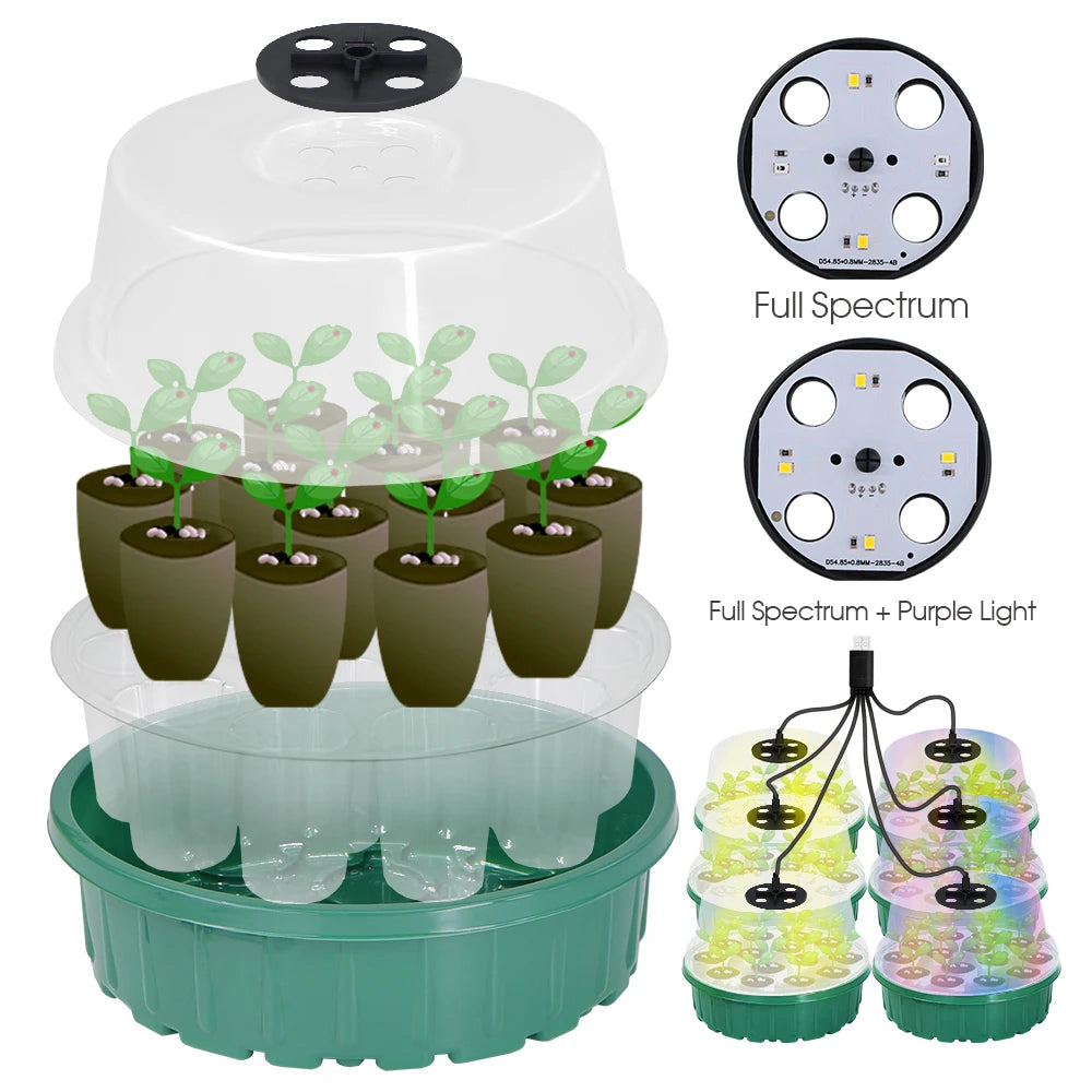 Greenhouse LED Lights Round Transparent Nursery Box kit 14 Cells Seedlings Germination Container A Growing Tool for Seedlings
