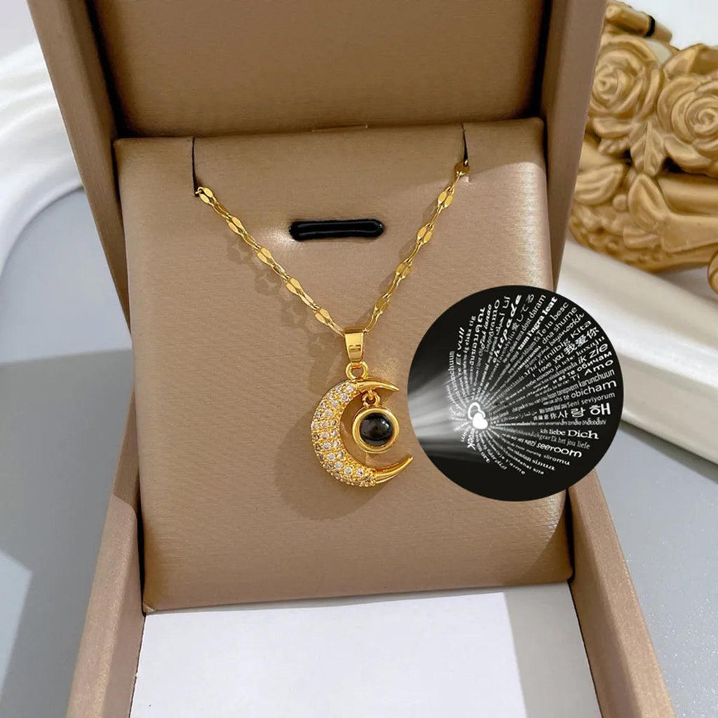 Fashion 100 Languages I Love You Moon Clavicle Pendant Necklace For Women Stainless Steel Jewelry Gifts