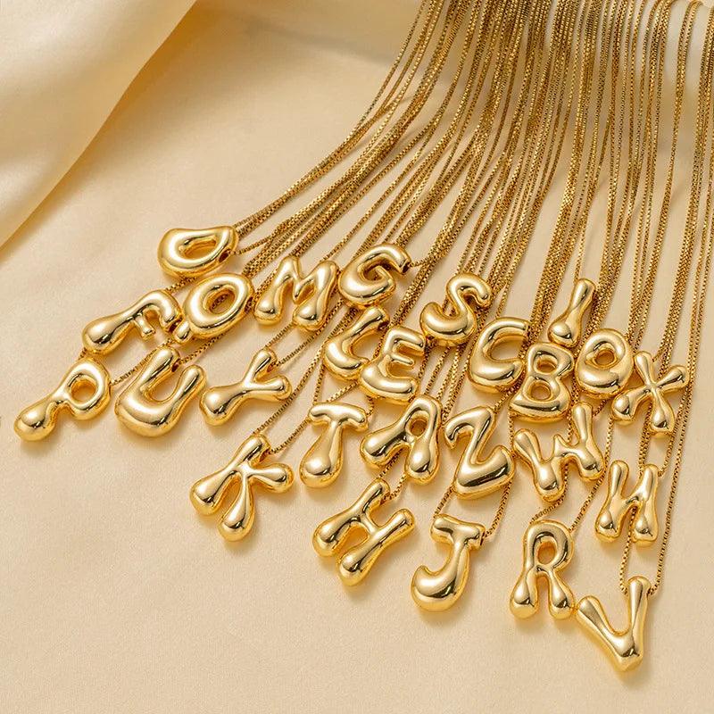 Trendy Gold Plated 18K Chunky Balloon Bubble Initial Letters Pendant Stainless Steel Choker Necklaces for Women Customized Chain
