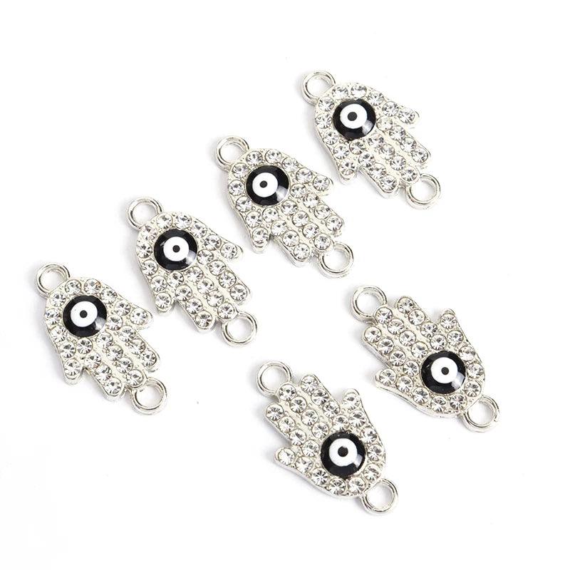 10pcs Rhinestones lnlaid Hamsa Hand Evil Eye Design Enamel Connectors Turkish Style Double Hanging Pendant For DIY Lucky Jewelry