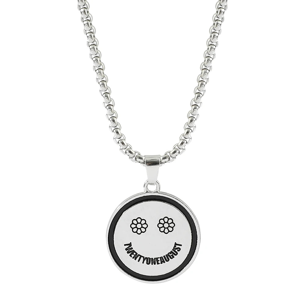 Titanium Steel Round Smiley Face Pendant Necklace Korean Style Long Sweater Chain Unisex Trendy Hip Hop Jewelry Accessories