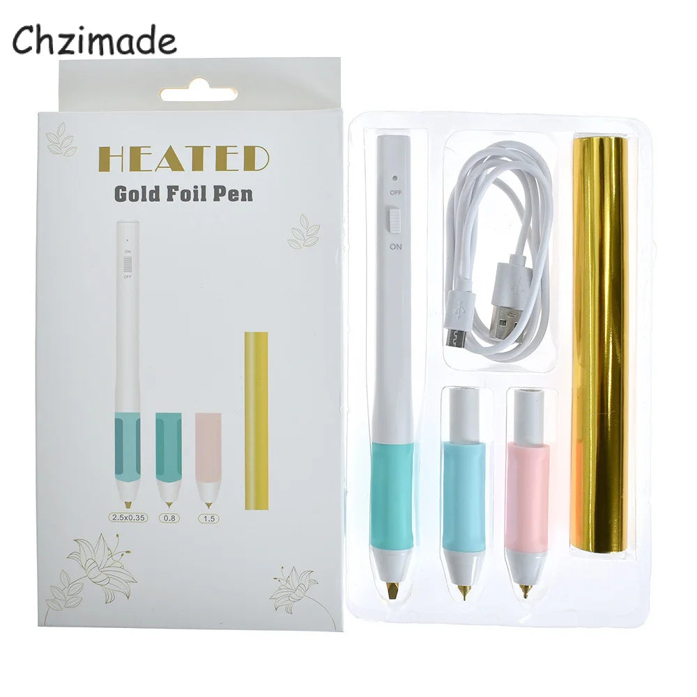 Chzimade USB Heating Hot Stamping Foil Pen Set for Paper Leather Convertible Head Heat Actived Gold Foil Pen Diy Scrapbook Craft