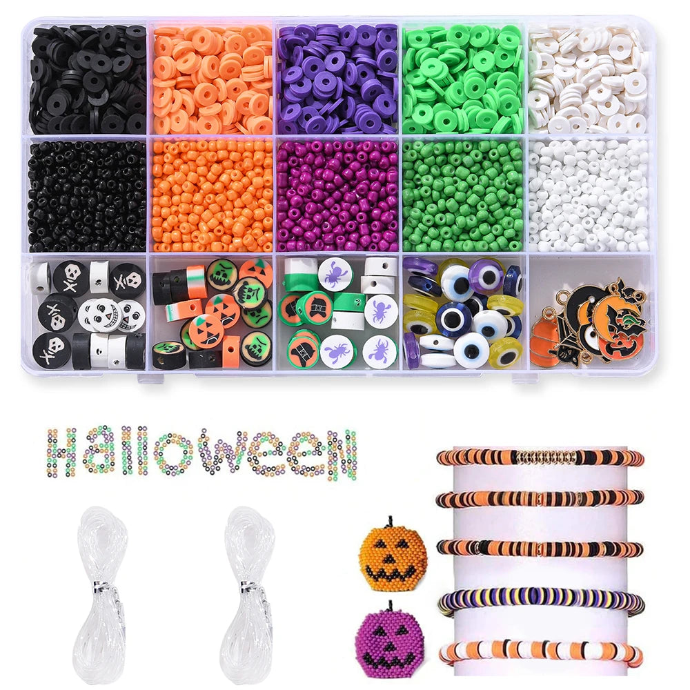 15 Grid Halloween Clay Bead Soft Pottery Bead Diy Bracelet Necklace Making Pumpkin Bat Jewelry Accessories Materials Boxed