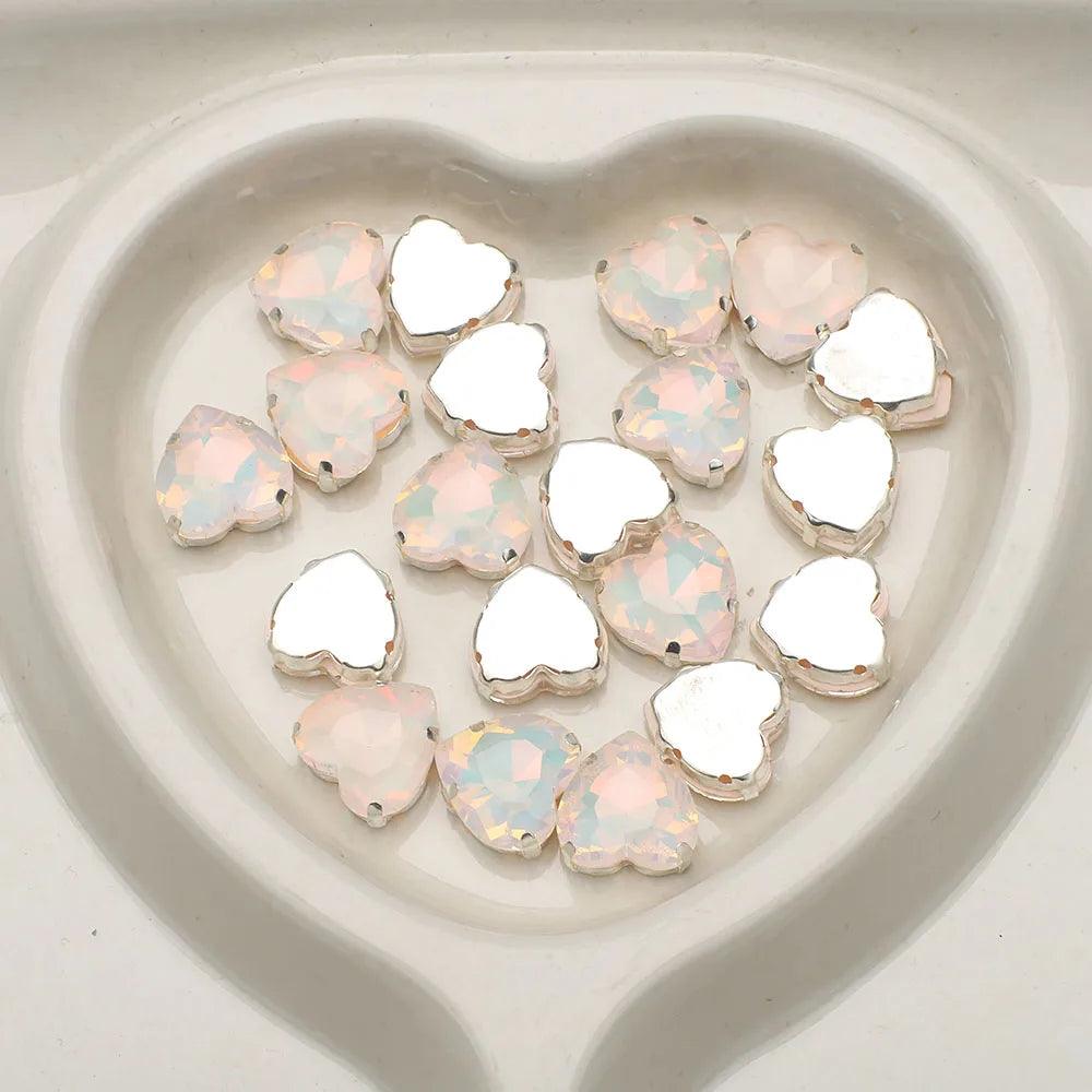 10Pcs 14mm Crystal Glass Love Heart Beads Glitter Flatback Silver Claw Rhinestone Crafts Jewelry DIY Making Garment Accessories