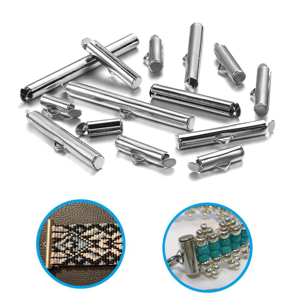 50Pcs/lot Crimp End Caps Slider Clasp Buckles Tubes Diy Bracelet Connectors Loom Findings for Jewelry Making Accessories