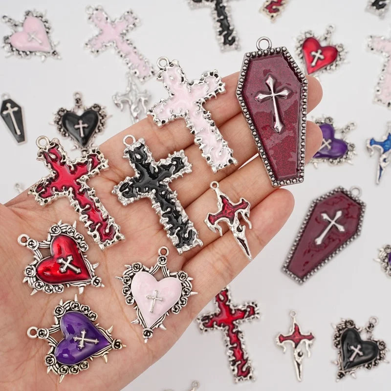 1Pc Mixed Gothic Jewelry Combination Imitation Enamel Irregular Cross and Coffin Cross Pendant Necklace Bracelet Earrings Jewel