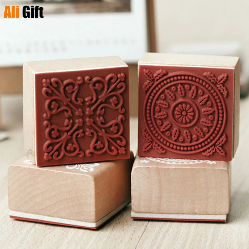 4*4CM 6pcs/lot New Korean Stationery Classic Wooden Seal Retro Square Lace Stamp Stamps for Scrapbooking Background Decoration