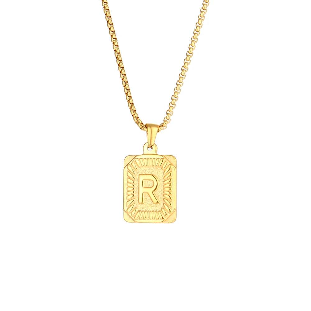 2023 New Stylish Square Pendant Necklace Men's Stainless Steel Gold Plated Letter Necklace Initial Necklace For Women
