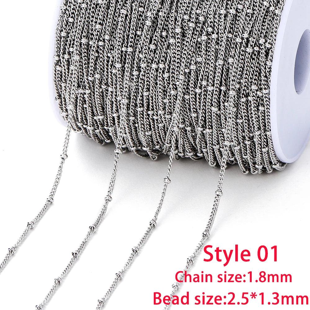No Fade 2Meters Stainless Steel Chain Cross Chain with Beads for DIY Necklace Bracelet Anklet Jewelry Making Accessories