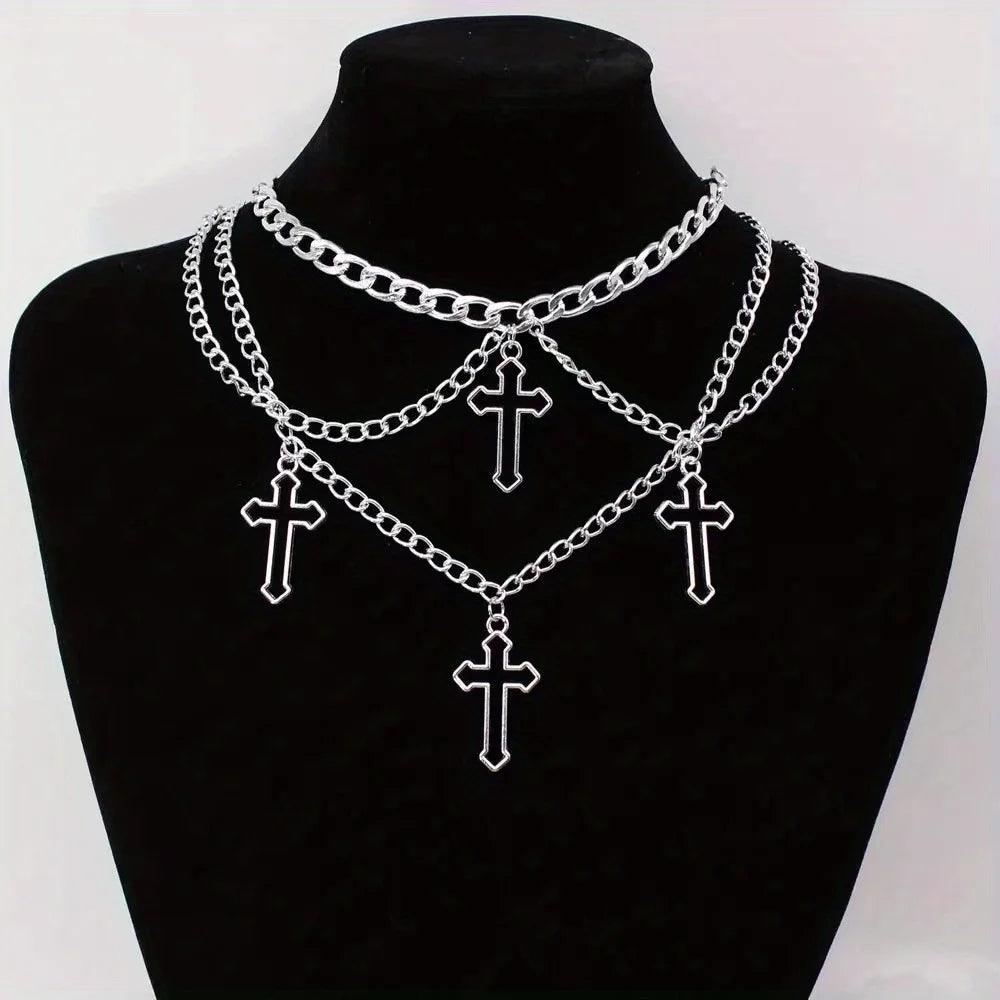 1pc Gothic Trendy Hip-Hop Geometric Multi-Layer Cross Currency Shaped Necklace , Collarbone Chain For Men And Women