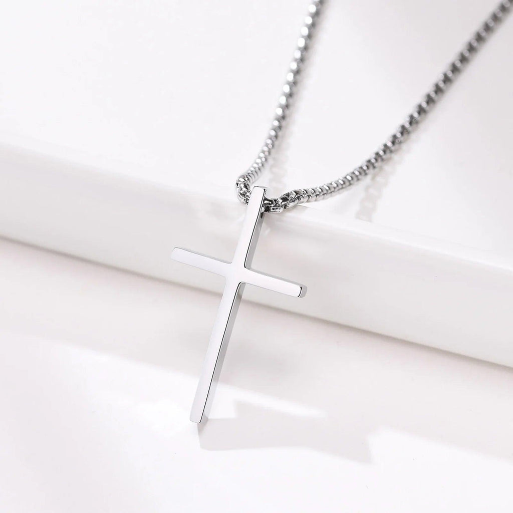 Vnox Mens Cross Necklaces, Stainless Steel Layered Plain Cross Pendant, Rope Box Chain Necklace, Simple Prayer Jesus Collar