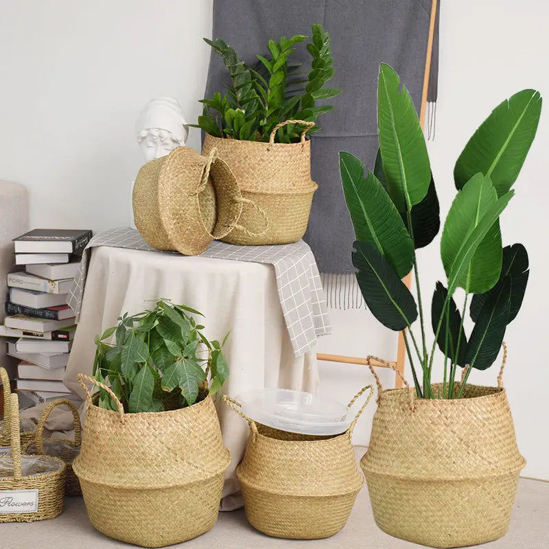 Nordic flower basket, portable woven basket, flower pot, straw woven, bamboo woven, plant woven, floor-standing folding straw wo