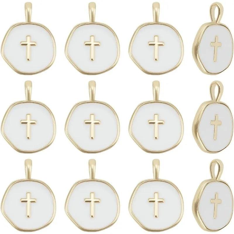 12 Pcs Flat Round Enamel Cross Charms Pendants 18K Gold Plated Brass Crucifix Pendant for Easter DIY Jewelry Earring Necklace