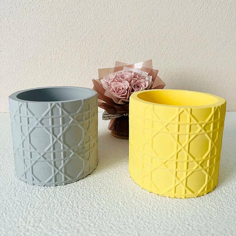Grid Pattern Concrete Flower Pot Mold Simple Round Cement Succulent Plant Pot Silicone Mold Gypsum Pen Holder Candle Vessel Mold