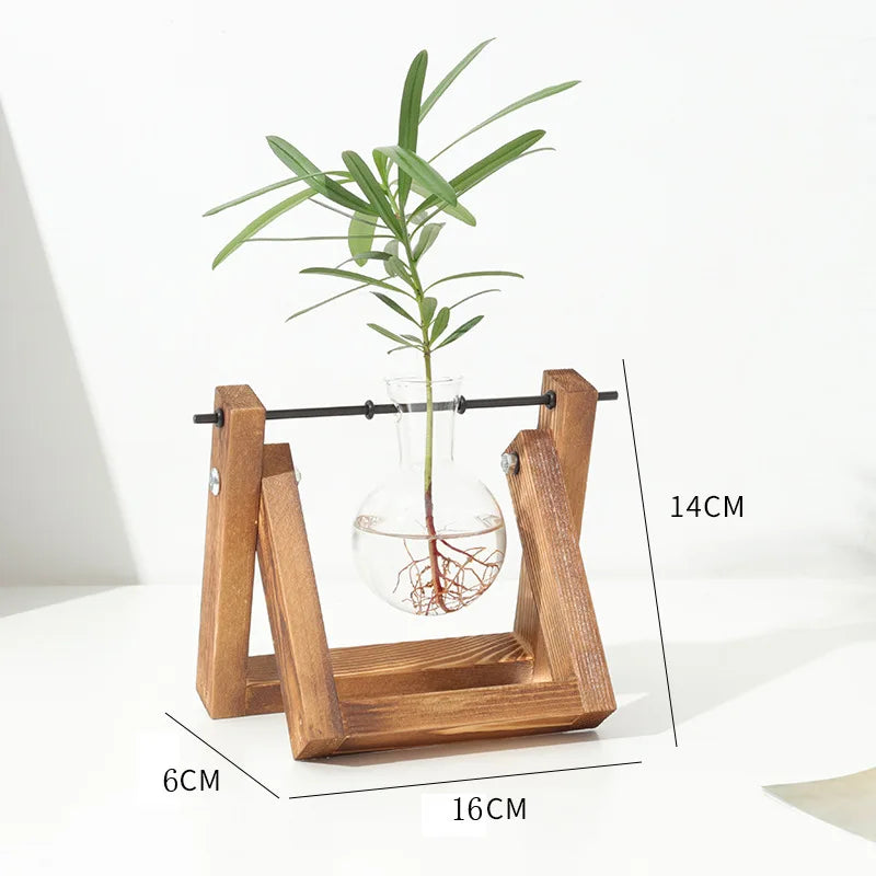 Creative wooden frame hydroponic glass vase ins style retro green ivy plant hydroponic vessel small vase desktop decoration