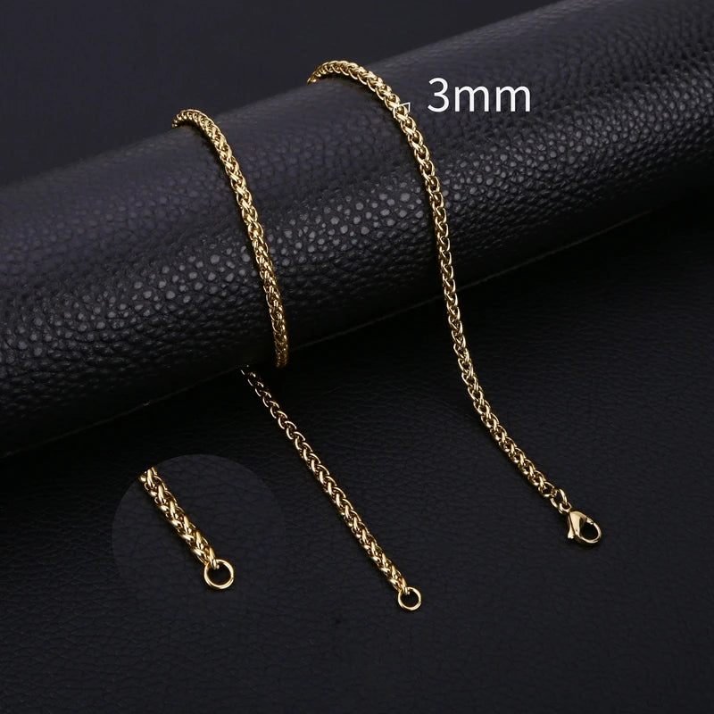 HIYEE Thickness 3/4/5/6/7/8mm Gold Color Wheat Braided Stainless Steel Necklace Link Classic Curb Chain for Men Women Jewelry